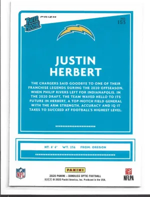 2020 Donruss Optic Justin Herbert Rated Rookies Blue Scope Prizm Rookie back